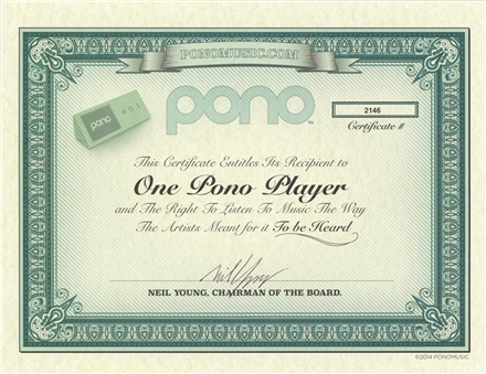 Neil Young Signed Pono Music Certificate (PSA/DNA)